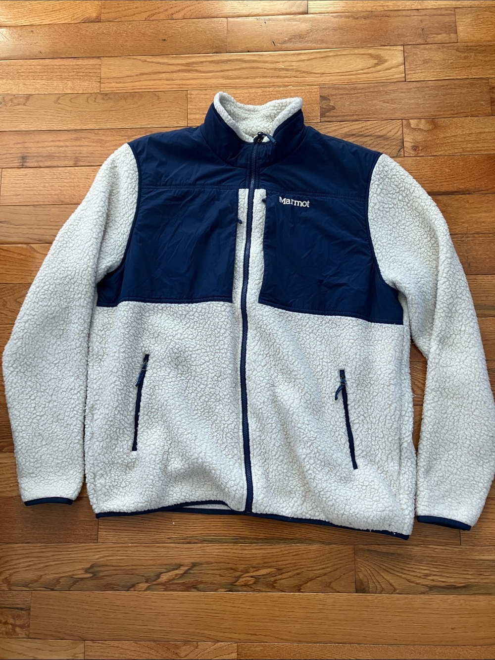 Marmot - Men’s Navy and Off White Polartec Sherpa Fleece Zip-Up Jacket - XXL